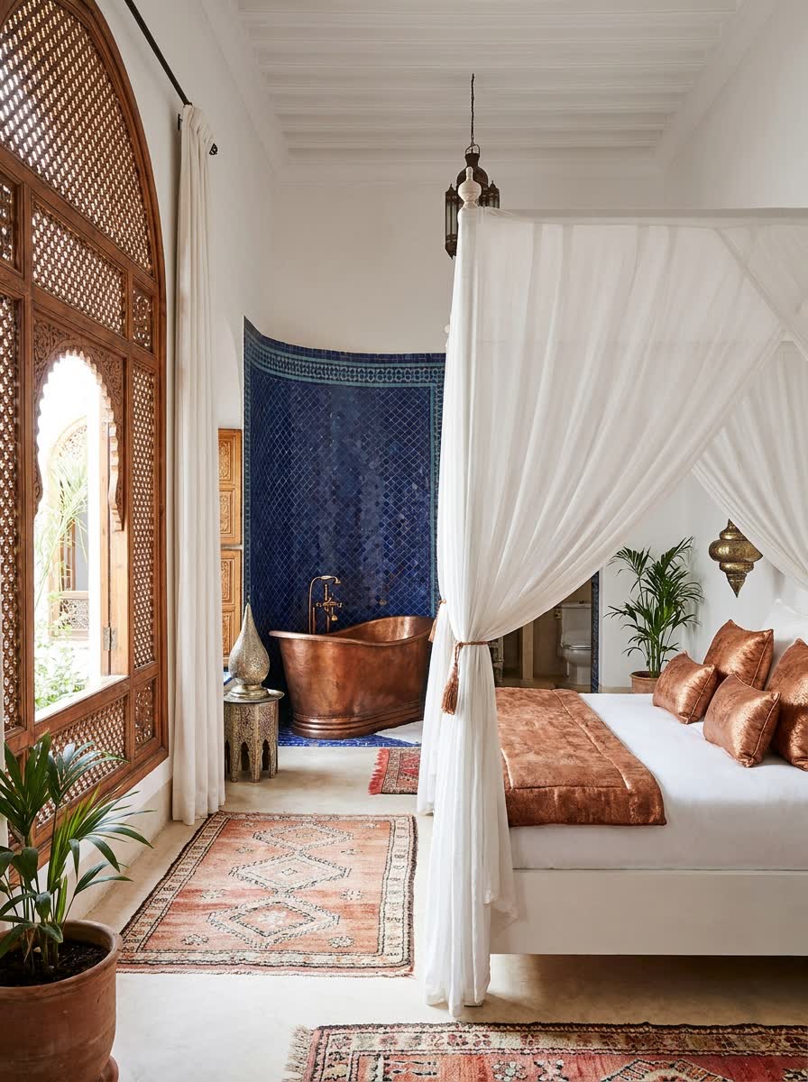 Suite Bahia — zellige bleu et cuivre martelé