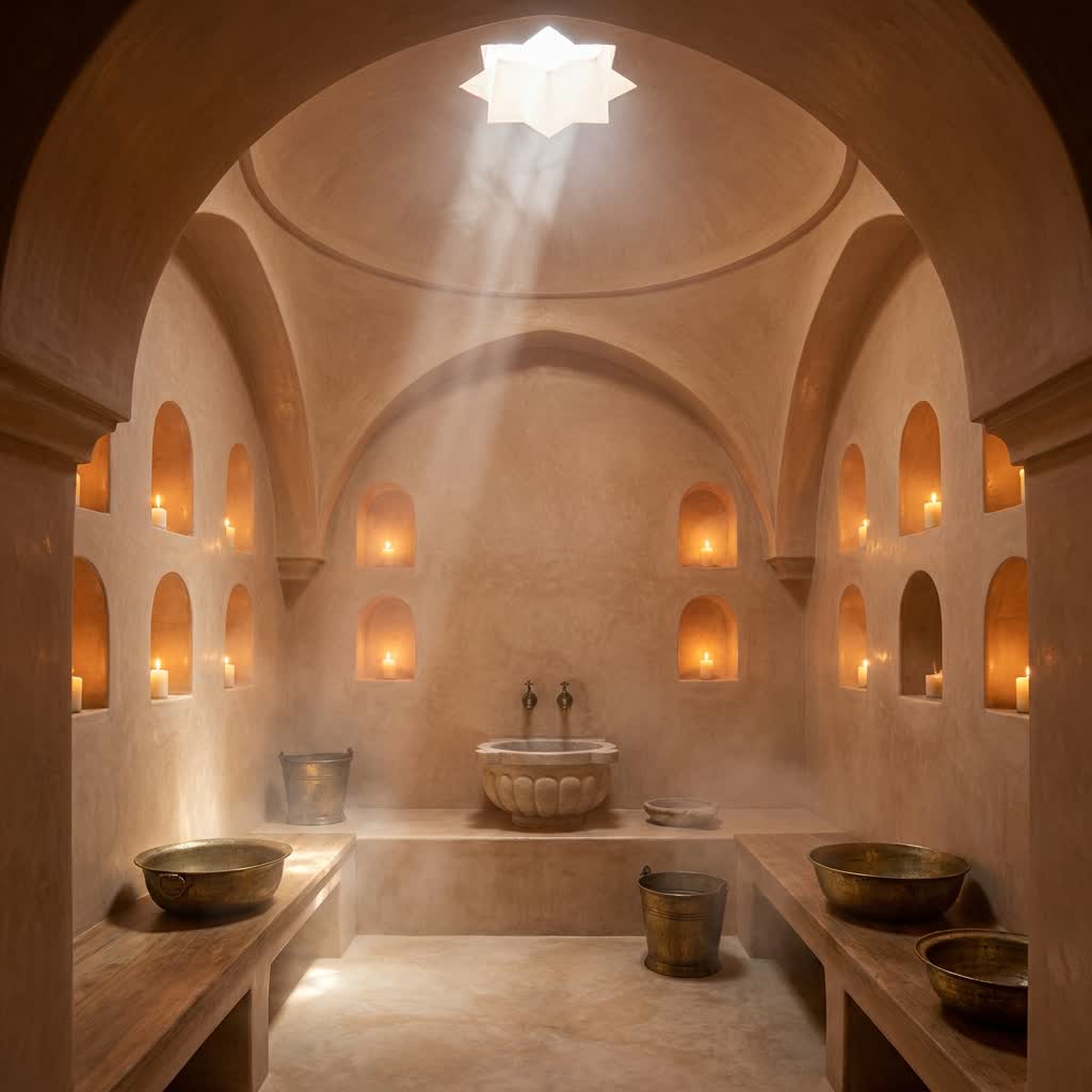 Le hammam en tadelakt sombre, éclairé à la bougie, la vapeur en suspension