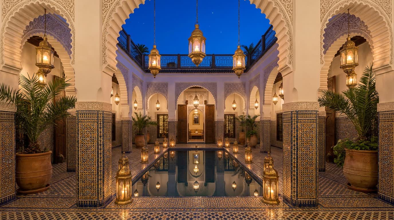 La cour intérieure du riad à la tombée de la nuit, lanternes allumées au-dessus du bassin