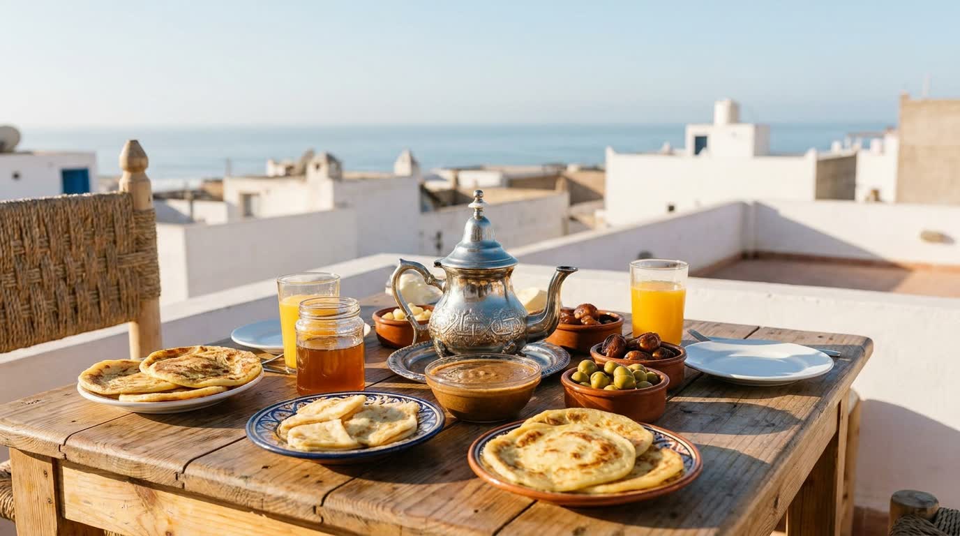 Le petit-déjeuner servi sur le toit au soleil du matin — msemen, amlou et thé à la menthe