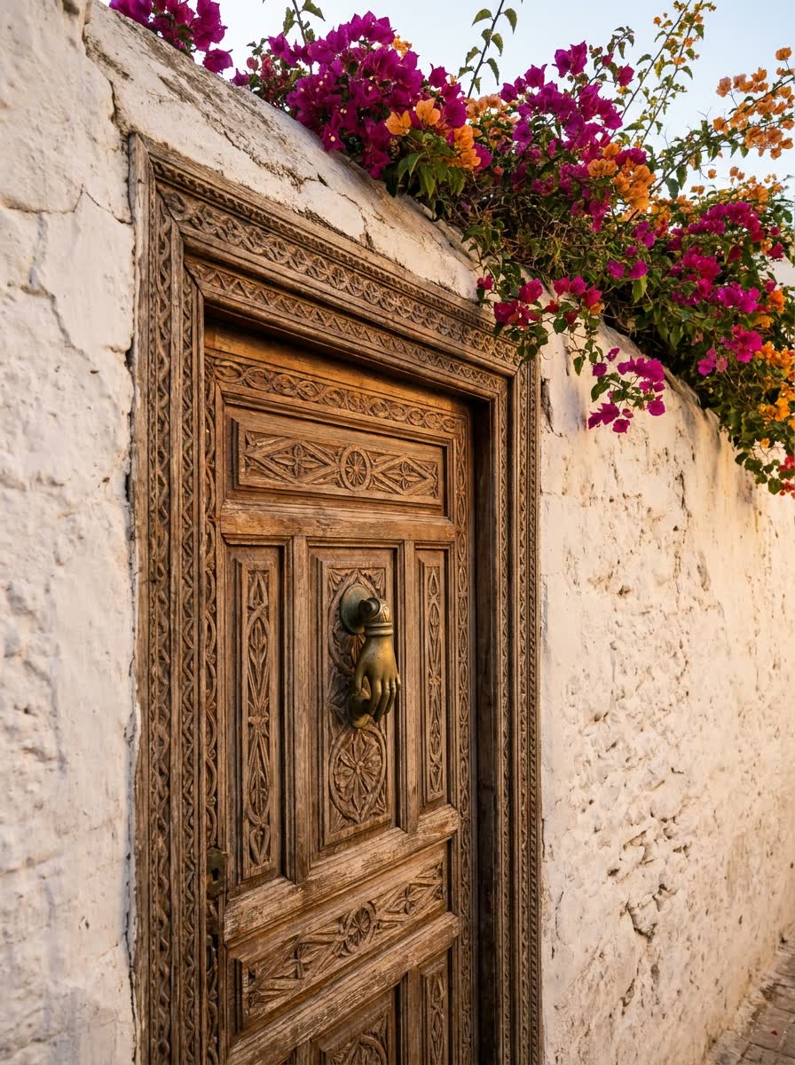 La porte d’entrée du riad — cèdre clouté et heurtoir de laiton dans une ruelle de la kasbah