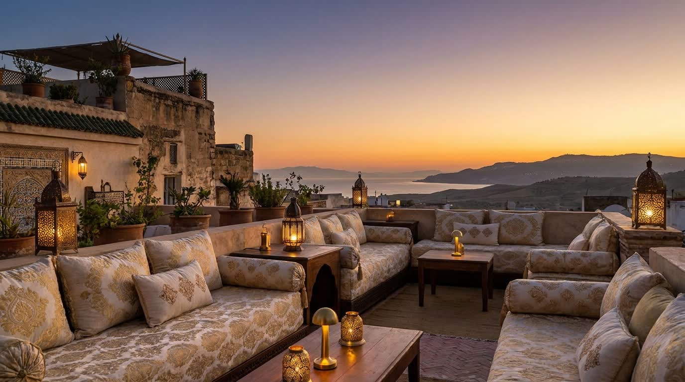 Le rooftop au coucher du soleil, le détroit de Gibraltar à l’horizon