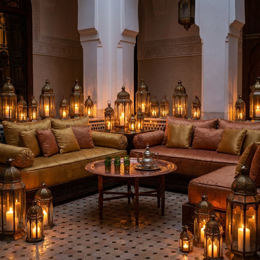 Le salon du riad le soir — banquettes profondes, lanternes et théière de cuivre